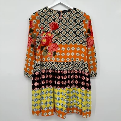100% Silk Dress Size Small 3/4 Sleeves Patchwork Boho Artsy Statement Festival - Image 1 of 4