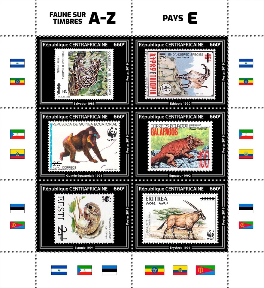 Stamps on Stamps WWF Fauna MNH Stamps 2019 Central African M/S - Image 1 of 1