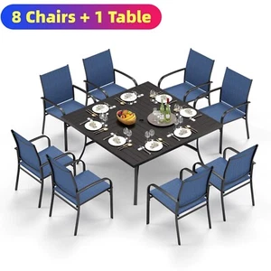 9 Piece Patio Furniture Set Outdoor Dining Table Chairs Set Metal Square Table - Picture 1 of 10