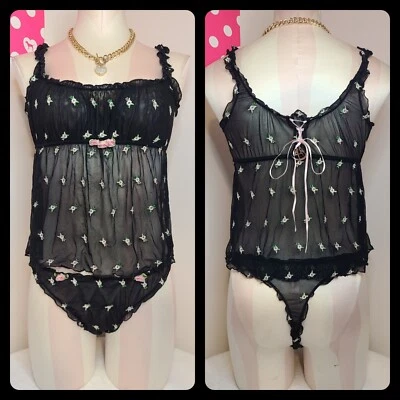VTG Victoria's Secret Y2K Floral Mesh Ruffle Cami/ Panty Set Size M - Imagem 1 de 4