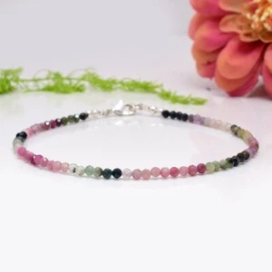 Hermosa pulsera con cuentas de piedras preciosas redondas facetadas de turmalina de sandía de 3 mm 6-8" - Imagen 1 de 8