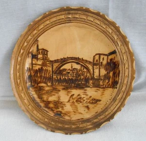 8" Diameter Circular Plaque with Wood Burned Bridge, River and Old Cityscape - Picture 1 of 5