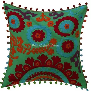 Boho Hippie Yoga Pillow Case Cushion Cover Green Suzani Indian Meditation - Picture 1 of 6