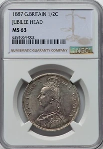 UK - GREAT BRITAIN , SILVER 1/2 CROWN 1887 JUBILEE HEAD NGC MS 63 ( LG ) , RARE - Picture 1 of 2