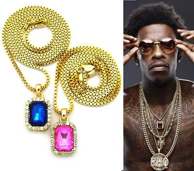 NEW GOLD RUBY BLUE & PINK STONE PENDANT BOX CHAIN NECKLACE SET HIP HOP - Image 1 of 4