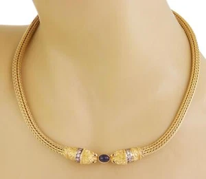 18k Lion Head Necklace Diamond Sapphire 18k Two Tone Gold Double Collar - Picture 1 of 6