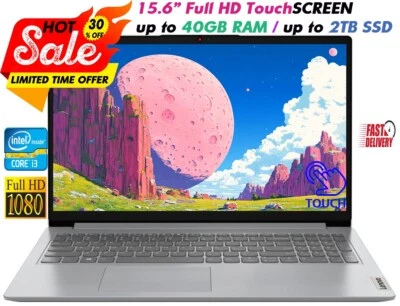 Lenovo NEW Laptop 15.6" FHD Touchscreen Intel i3-1215U Up to 40GB RAM & 2TB SSD - Image 1 of 4