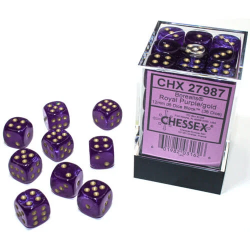 Chessex Borealis 12mm d6 Royal Purple/gold Luminary Dice Block (36 dice) - Image 1 of 1