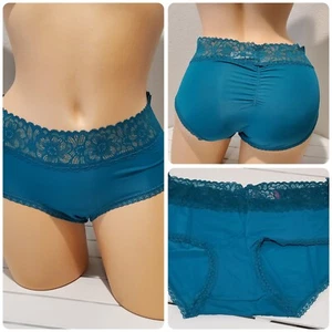 Satin Strech Hipster Panty Floral Lace Trim Teal Blue Sz M 7/9 No Boundaries - Picture 1 of 6