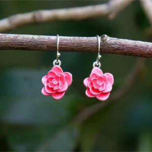 Camellia Pink Flower Drop Earrings - Picture 1 of 1