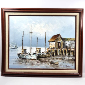 Vintage Ölgemälde Maritim Fischerboot Hafen Dock signiert W Jones gerahmt 20 x 24 - Bild 1 von 22