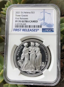 NGC PF70 FR 2021 UK 1 oz ST.Helena grandi incisori The Three Graces moneta d'argento - Foto 1 di 2