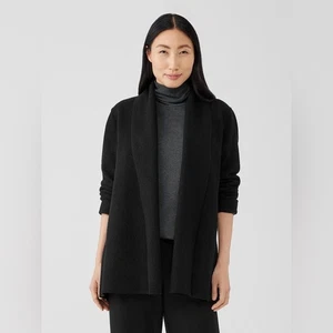 Eileen Fisher Black Boiled Wool High Collar Jacket Open Front Cardigan M - Picture 1 of 10