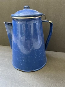 Vintage Camping Blue Enamelware Coffee Pot with Perculation - Picture 1 of 4