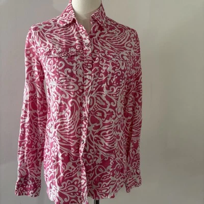 Blusa Charter Club 100% Lino Rosa Blanco Paisley Abotonada Talla 4 Pascua Floral Foto 1 de 4