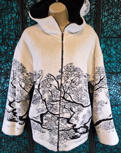VTG COUNTRY WOODS FLEECE JACKET WOMENS L BLACK WHITE ZIP HOODED SHERPA TREES - Picture 1 of 16