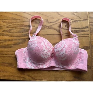 Vintage Barbiecore 34A pink and white lace Silver Charm Push up Underwire Bra - Picture 1 of 9