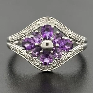 9ct White Gold Amethyst & Diamond Cluster Ring Size P Hallmarked - Picture 1 of 9