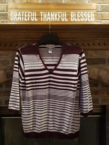 Cathy Daniels Sz. 2X Maroon and White Striped 3/4 Sleeve V-Neck Sweater - Picture 1 of 5