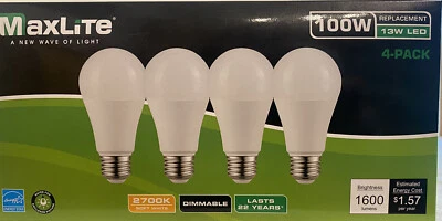 MaxLite E15A19D50/4P A19 100W Soft white 2700K Dimmable LED Bulbs - 4 Pack (B) - Image 1 of 4