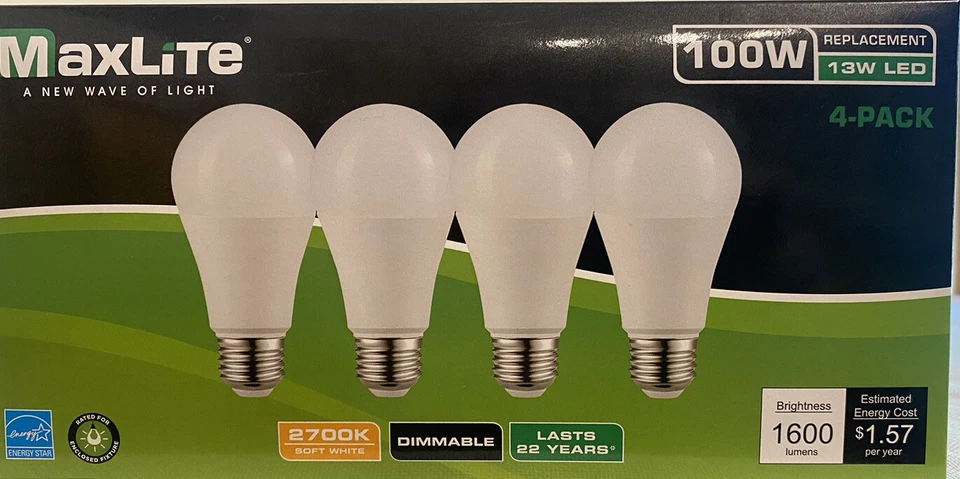 MaxLite E15A19D50/4P A19 100W Soft white 2700K Dimmable LED Bulbs - 4 Pack (B) - Image 1 of 4