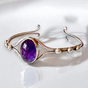 Amethyst Cabochon Sterling Silver Bracelet Vintage Artisan Cuff Boho Jewelry - Picture 1 of 9