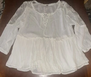 Free People Ivory Cream M Lace Floral Shoulder Cutouts Pleated Long Sleeve Top - Picture 1 of 8