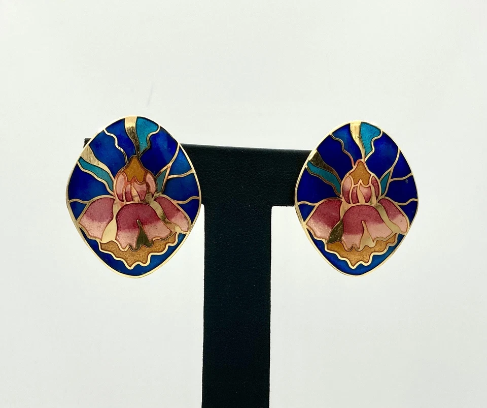 Hermosos Pendientes Cloisonné Marca 1928 - Fondo Azul Floral Forma Ovalada Foto 1 de 4