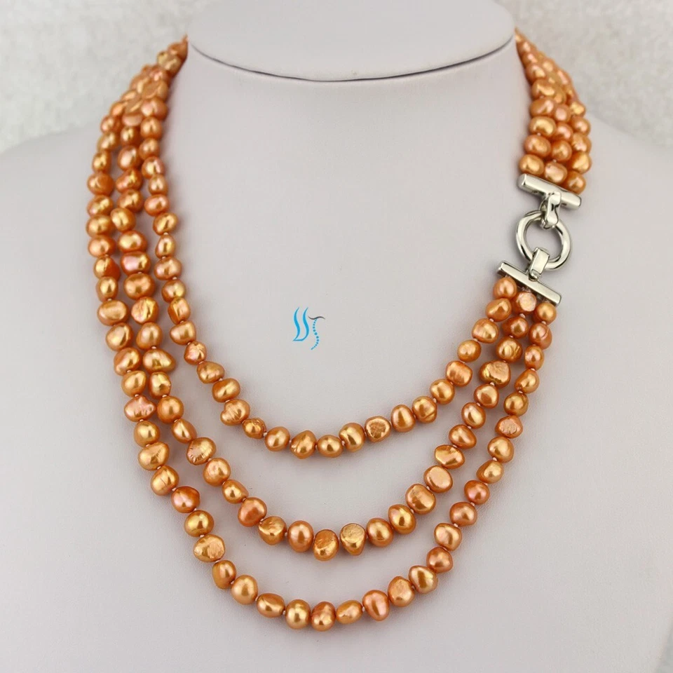 18-21英寸7-8毫米橙色3Row巴洛克淡水珍珠项链 — 第 1/4 张图片