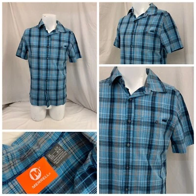 Merrell Shirt S Blue Plaid 100% Cotton Button Down Short Sleeve YGI Y1-988 - Image 1 of 4