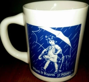Vintage Morton Salt Girl 1921 Logo Kaffeebecher When It Rains It Pours blau weiß - Bild 1 von 6