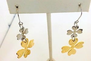 Women's Stainless Steel and Gold Plated Four Leaf Clover Hanging Earrings 2 " - Picture 1 of 3