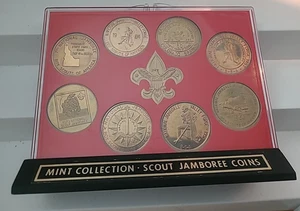 VINTAGE SET OF 8 BSA JAMBOREE COINS WITH CASE & STAND - Picture 1 of 6