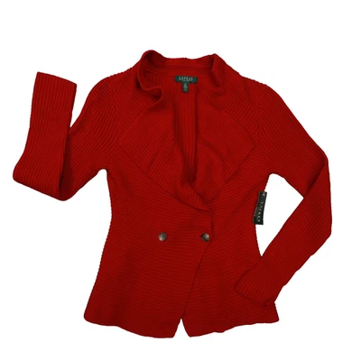 Lauren Ralph Lauren Sweater Red Drape Neck Ribbed Knit Cardigan Women's PL NWT - Image 1 of 4