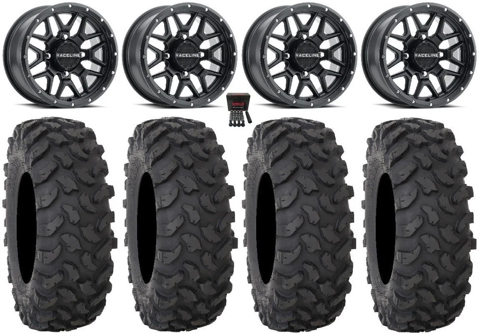 Raceline Krank 14" Black Wheels 28" XTR370 Tires Polaris RZR Turbo S / RS1 - Image 1 of 4