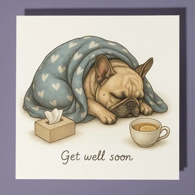 French Bulldog  Get Well Soon Card - Personalised Dog card & Envelope - Friend - Image 1 of 4
