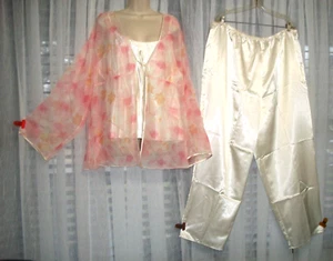 NWT LORD & TAYLOR PLUS 3X IVORY SATIN~PINK FLORAL CHIFFON~BEAUTIFUL PAJAMA SET~ - Picture 1 of 11