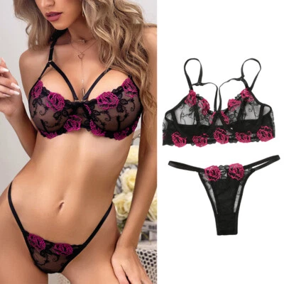Womens Floral Lingerie Lace Babydoll Bra Thong Set Sleepwear Underwear Nightwear - Image 1 of 4