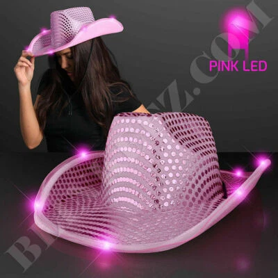 PINK Cowboy Hat Led Sequins Light Up Fun Flashing PINK Sparkly Brim Cowgirl Hat - Image 1 of 4
