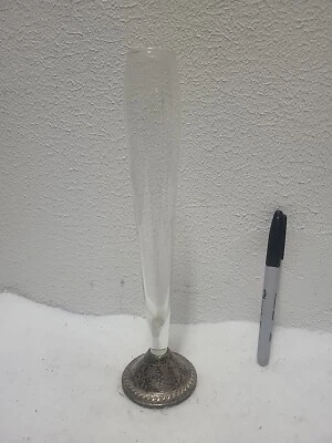 Jarrón Duchin de plata de ley con peso de cristal floral grabado rosa brote 10' Foto 1 de 4