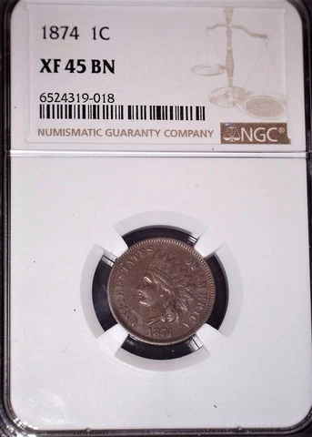 1874 Indian  Head Penny, NGC XF45 BN , Gorgeous and Issue Free Cover