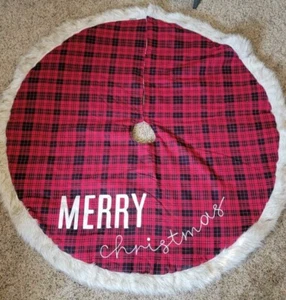 Allen + Roth 56" Christmas Tree Skirt Red & Black Plaid W/faux White Fur Trim - Picture 1 of 7