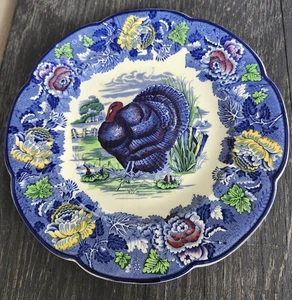 Vintage Woods Burslem England Blue Turkey Thanksgiving Plate - Picture 1 of 6