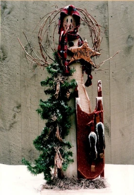 Winnie Wynter Pattern Folk Art Primitive Mixed Mediums Painted Wood Snowman Sled - Image 1 of 3