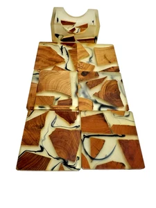 Handcrafted Wood Epoxy Resin Coasters Drink Coasters Set of 6 w/ Holder - Picture 1 of 5