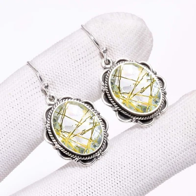 Golden Rutilated Quartz Solid 925 Sterling Silver Dangle Earring, Christmas Gift - Image 1 of 4