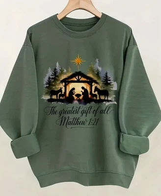 Mujer Belén Cristiano Sudadera Cuello Redondo Religioso Navidad Sudadera Foto 1 de 4