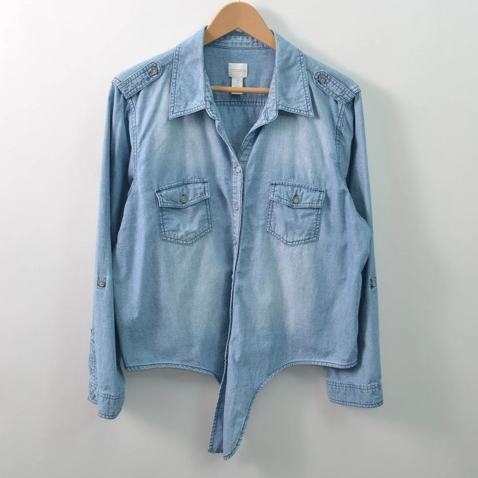 Camisa Chicos Denim Abotonada Para Mujer 3 US XL Azul Bolsillos Manga Pestaña Nudo Frontal Foto 1 de 4