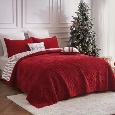  Ropa de Cama de Navidad, Juego de Edredón de Terciopelo Rojo de Lujo Tamaño, 5 Piezas Queen Z-rojo Foto 1 de 4