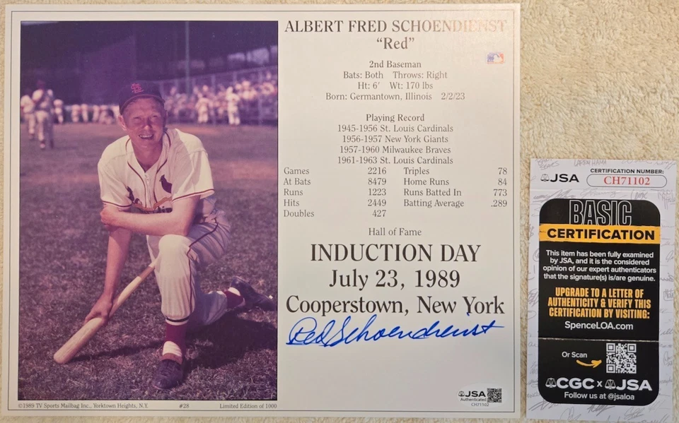 Red Shoendienst Signed HOF Induction Day photo  -St. Louis Cardinals-JSA - MINT - Image 1 of 1
